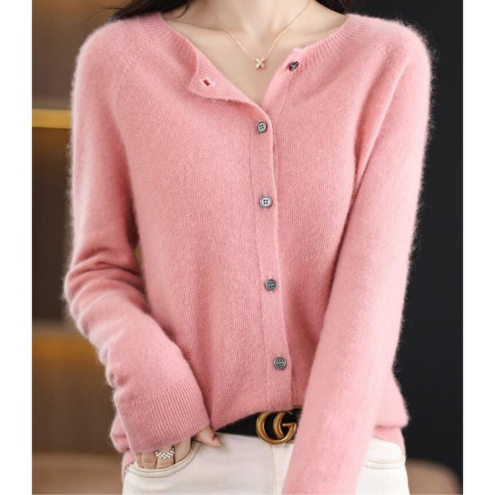 Women's plain crew neck button front cardigan with long sleeves