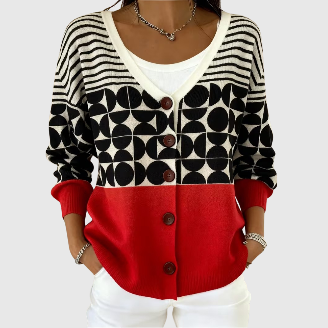 Women's black, white and red geometric buttoned cardigan with V-neck and long sleeves