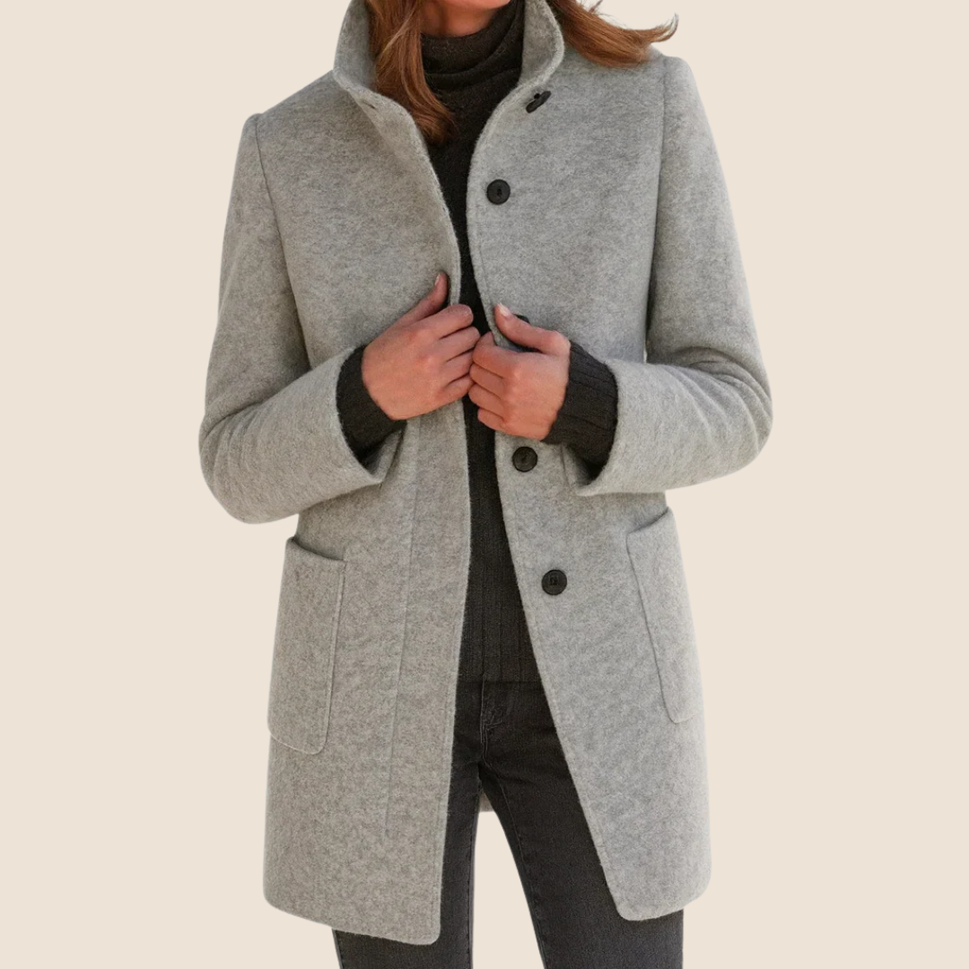 Women's structured longline coat with stand collar, button front and patch pockets