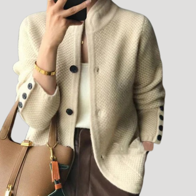 Women's textured knit button cardigan with mock neck, long sleeves and front pockets