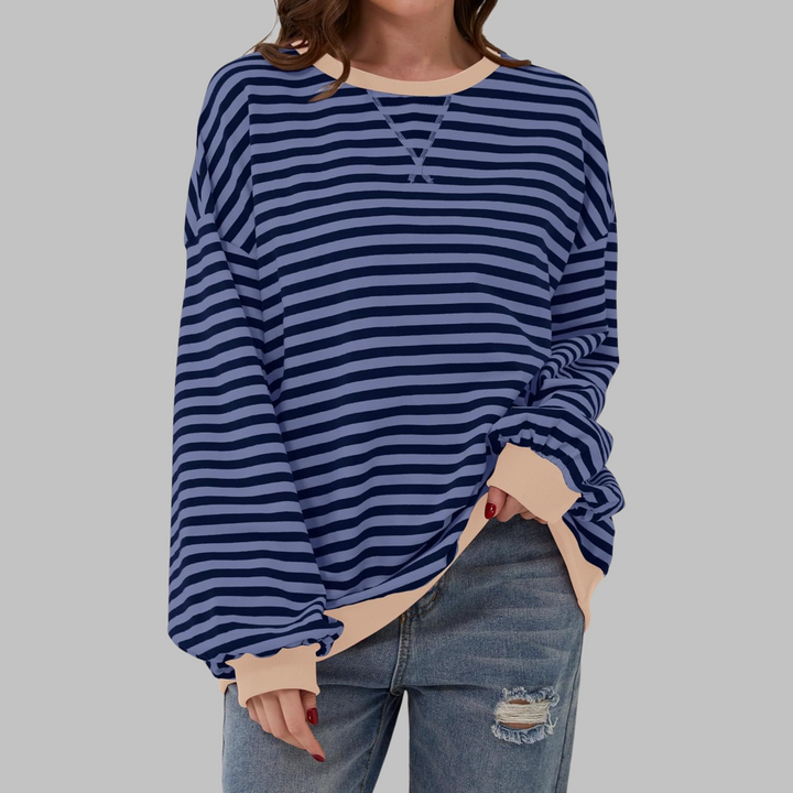 Women's striped crew neck sweatshirt with long sleeves and ribbed trims