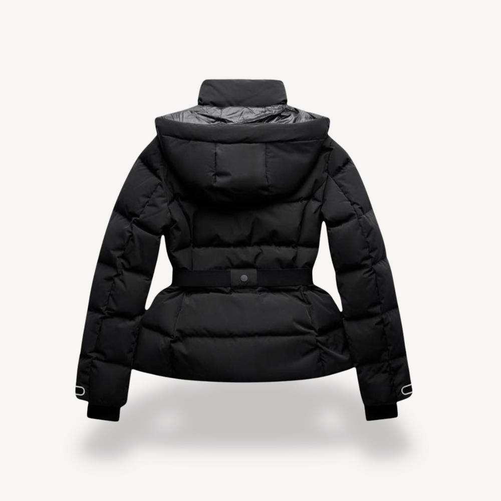 Women's black hooded belted puffer jacket with long sleeves and zip pockets