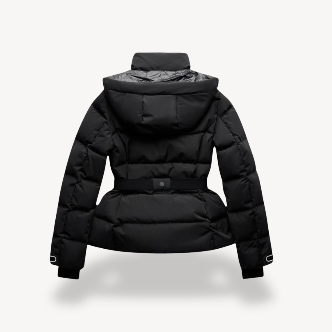 Women's black hooded belted puffer jacket with long sleeves and zip pockets