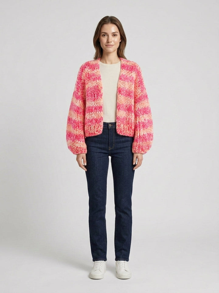 Women's pink and cream striped textured knit cardigan with long sleeves