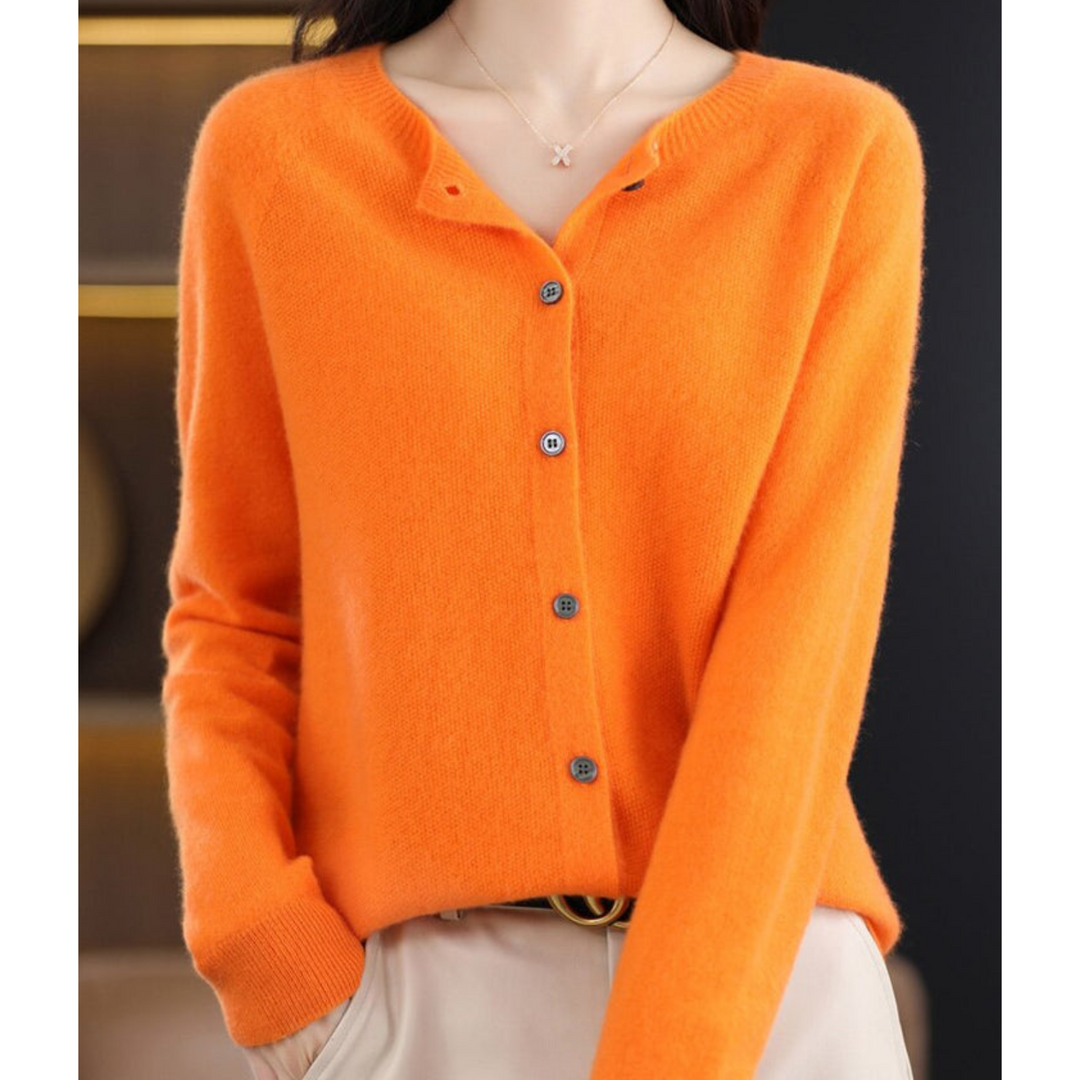 Women's plain crew neck button front cardigan with long sleeves