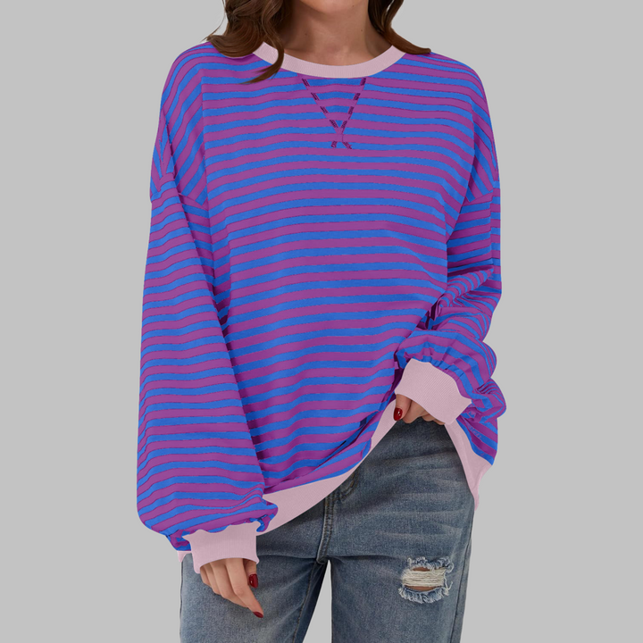 Women's striped crew neck sweatshirt with long sleeves and ribbed trims