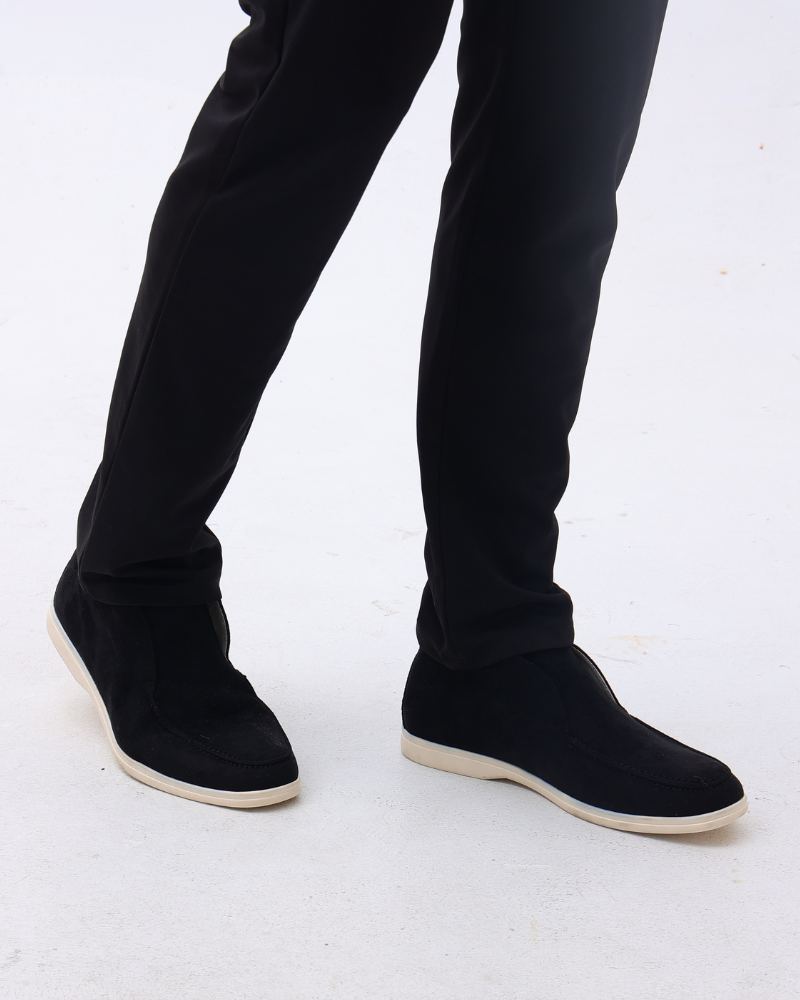 High-top slip-on loafers with rounded moc toes and flat light-coloured soles