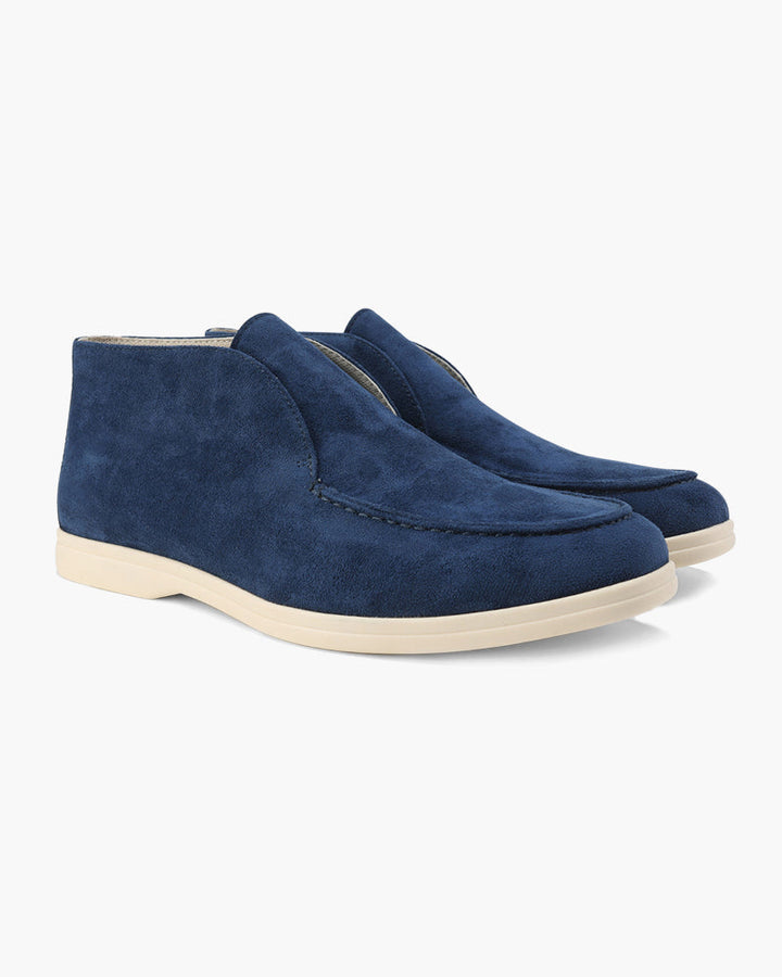 High-top slip-on loafers with rounded moc toes and flat light-coloured soles