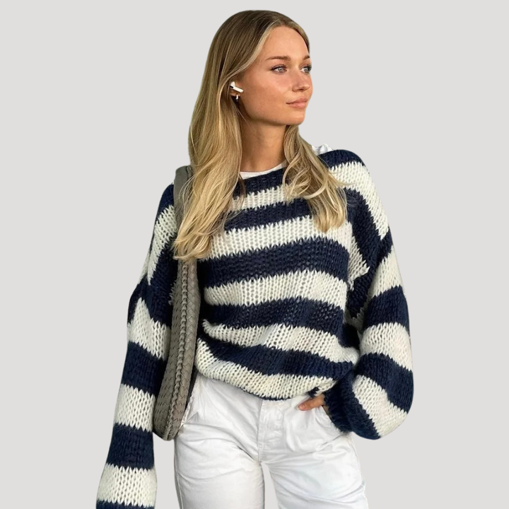 Women's striped off-shoulder knit sweater with long sleeves