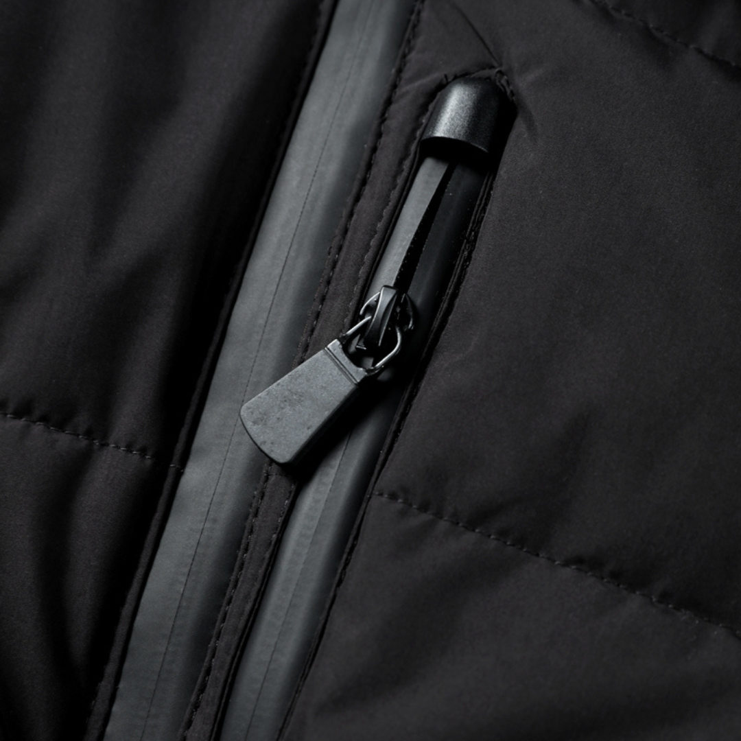 Women's black hooded belted puffer jacket with long sleeves and zip pockets