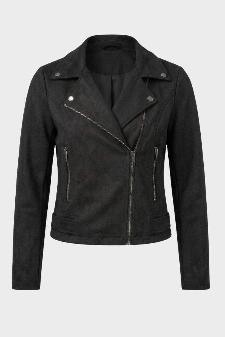 Women's cropped biker jacket with notched lapels, long sleeves and zip pockets