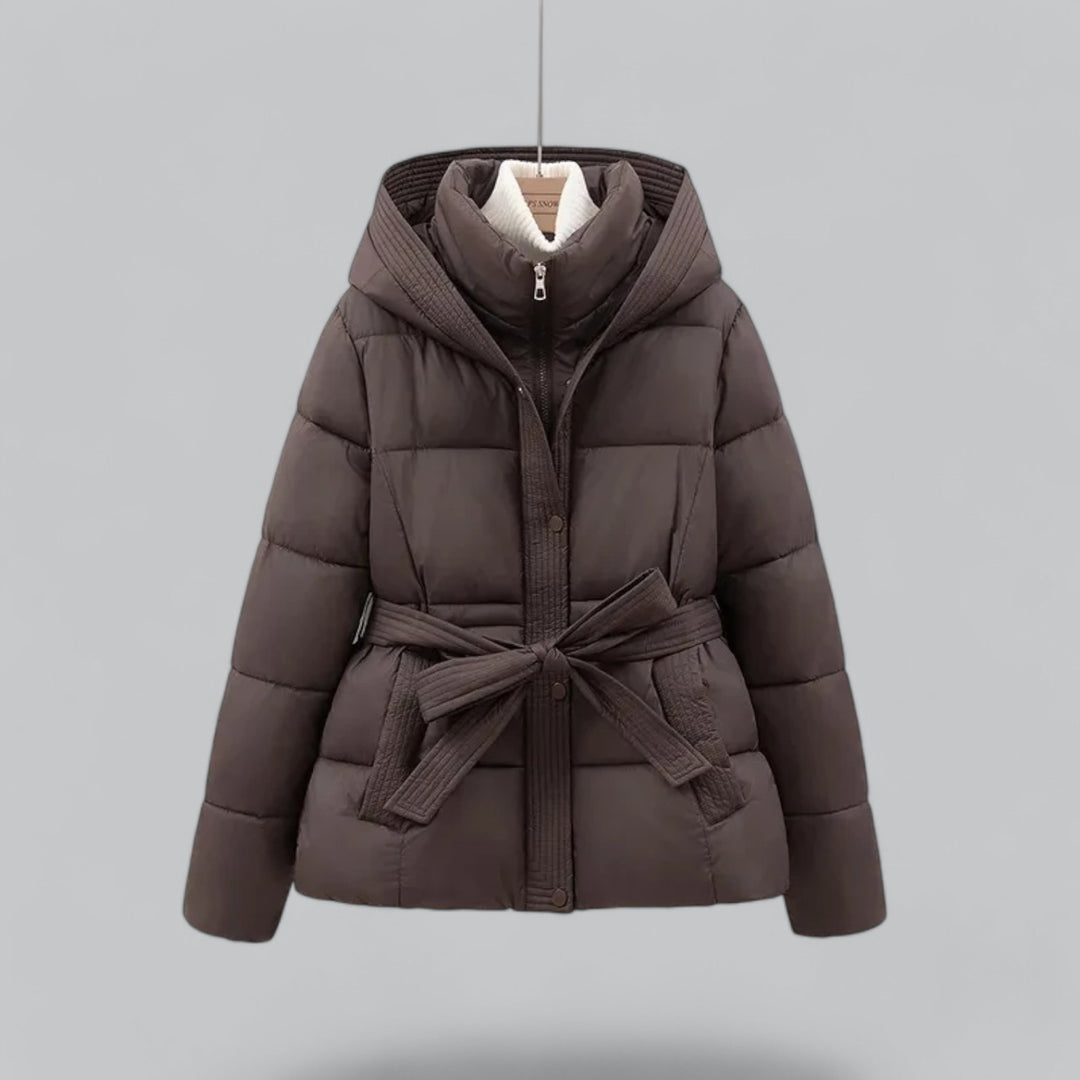 Women's hooded quilted puffer parka with belted waist and front pockets