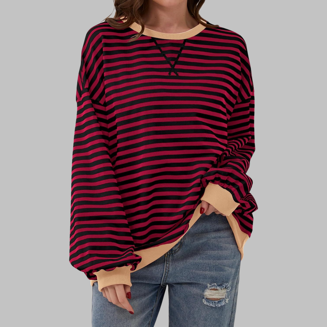 Women's striped crew neck sweatshirt with long sleeves and ribbed trims