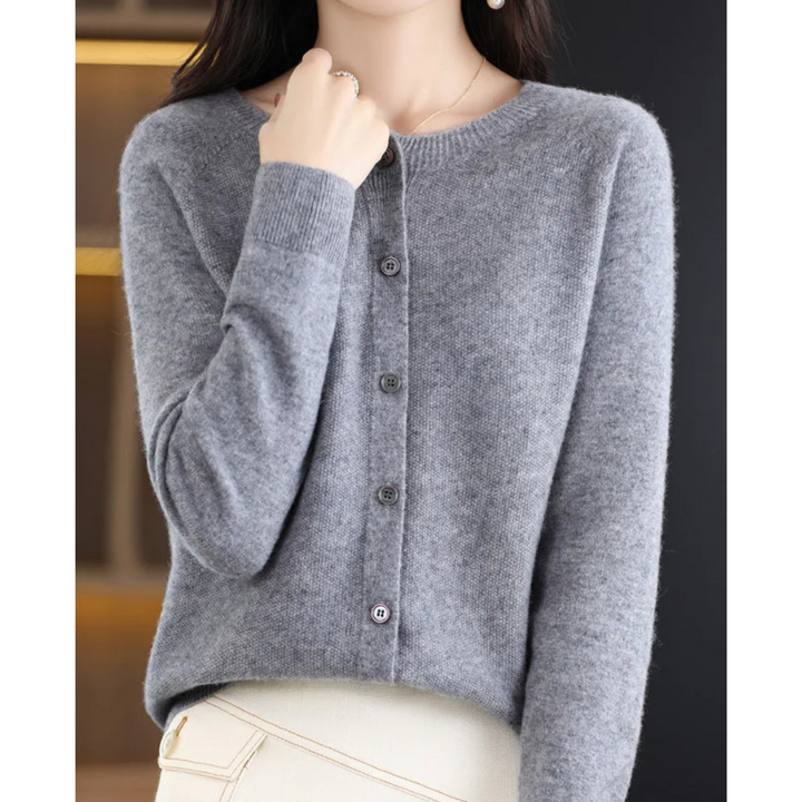 Women's plain crew neck button front cardigan with long sleeves