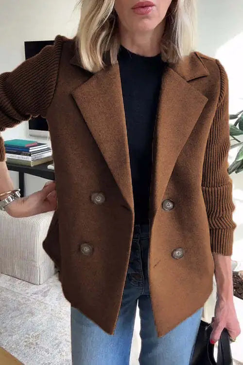 Women's double-breasted blazer with notched lapels and ribbed long sleeves