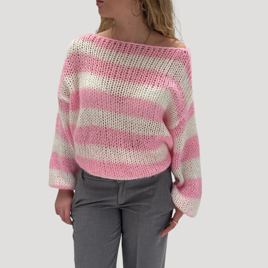 Women's striped off-shoulder knit sweater with long sleeves