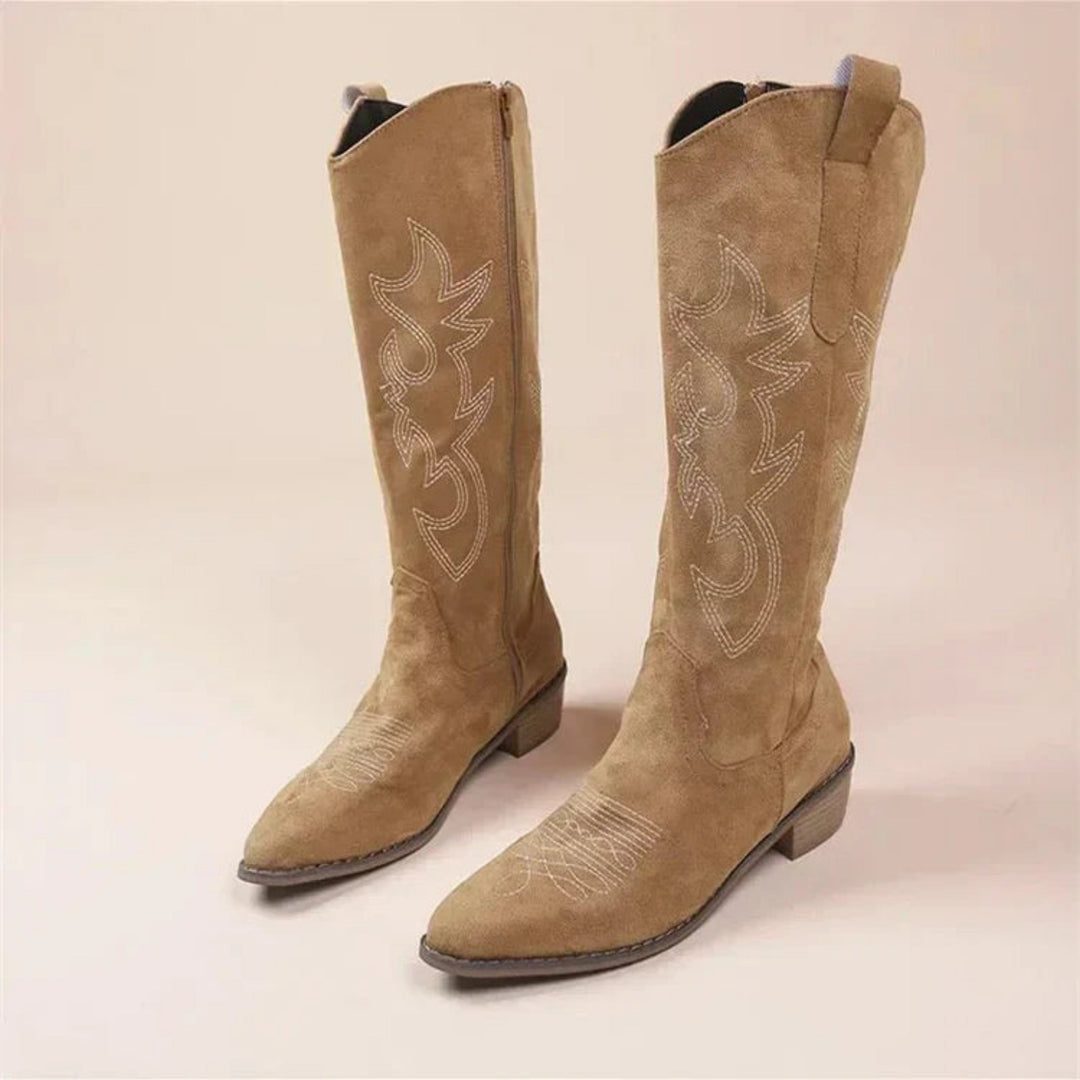 Women's embroidered cowboy knee-high boots with pointed toes and low heels