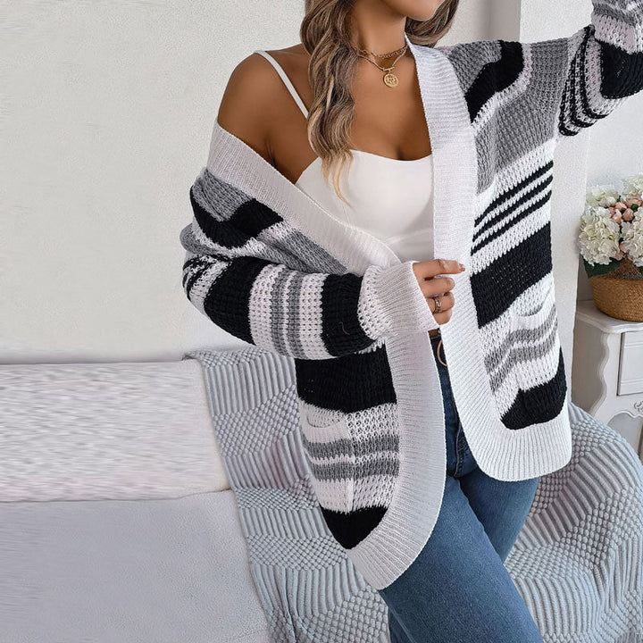 Women's striped open-front cardigan with dropped shoulders and patch pockets