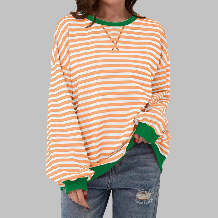 Women's striped crew neck sweatshirt with long sleeves and ribbed trims