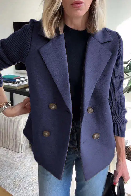 Women's double-breasted blazer with notched lapels and ribbed long sleeves