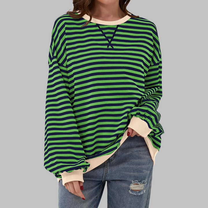 Women's striped crew neck sweatshirt with long sleeves and ribbed trims