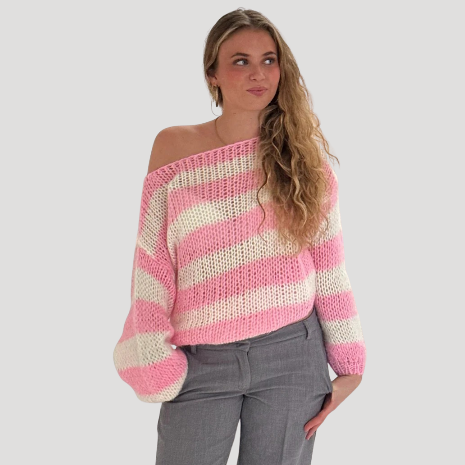 Women's striped off-shoulder knit sweater with long sleeves