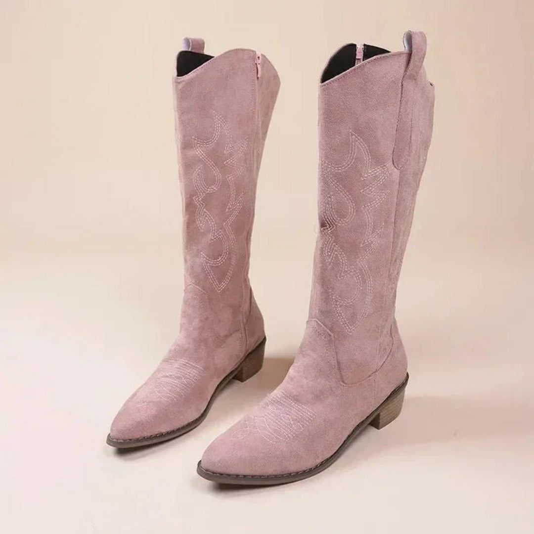 Women's embroidered cowboy knee-high boots with pointed toes and low heels