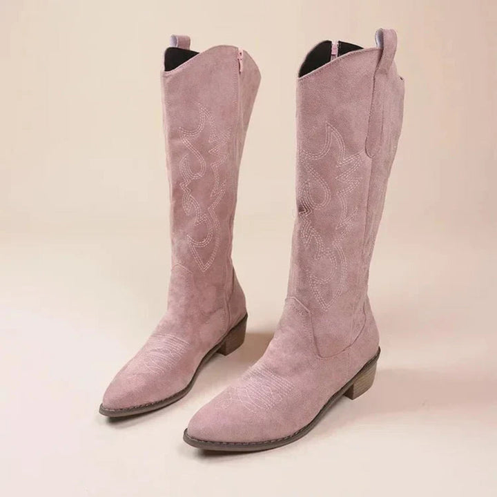 Women's embroidered cowboy knee-high boots with pointed toes and low heels
