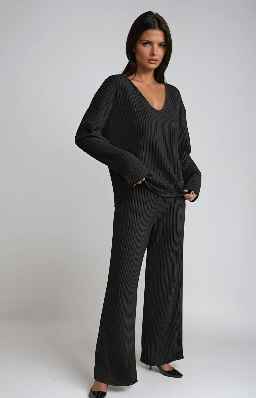 Women's ribbed lounge set with a V-neck long-sleeve top and wide-leg trousers