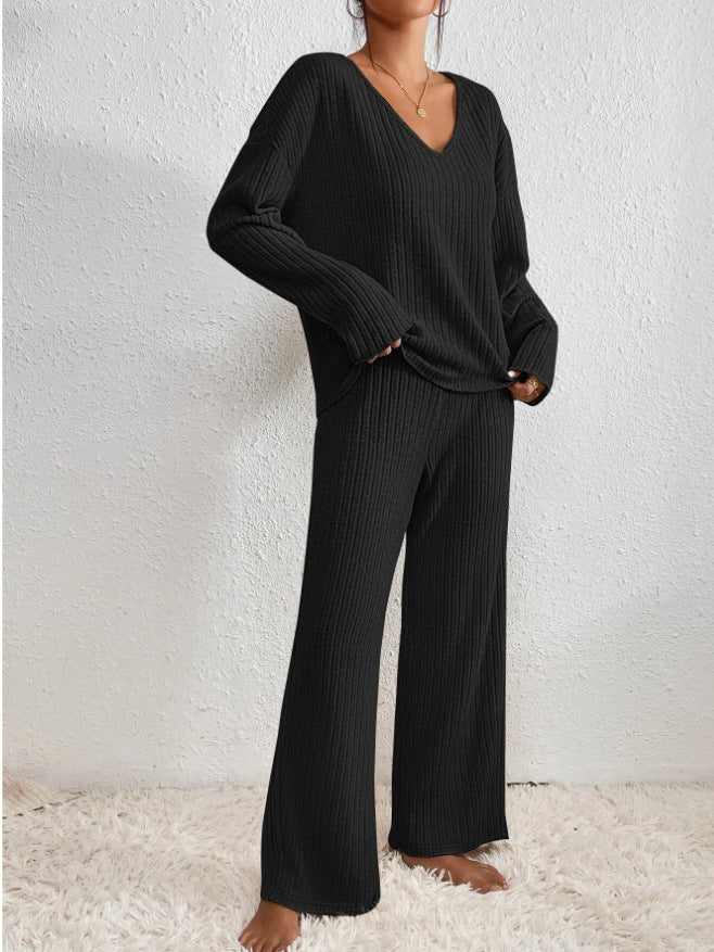 Women's ribbed lounge set with a V-neck long-sleeve top and wide-leg trousers