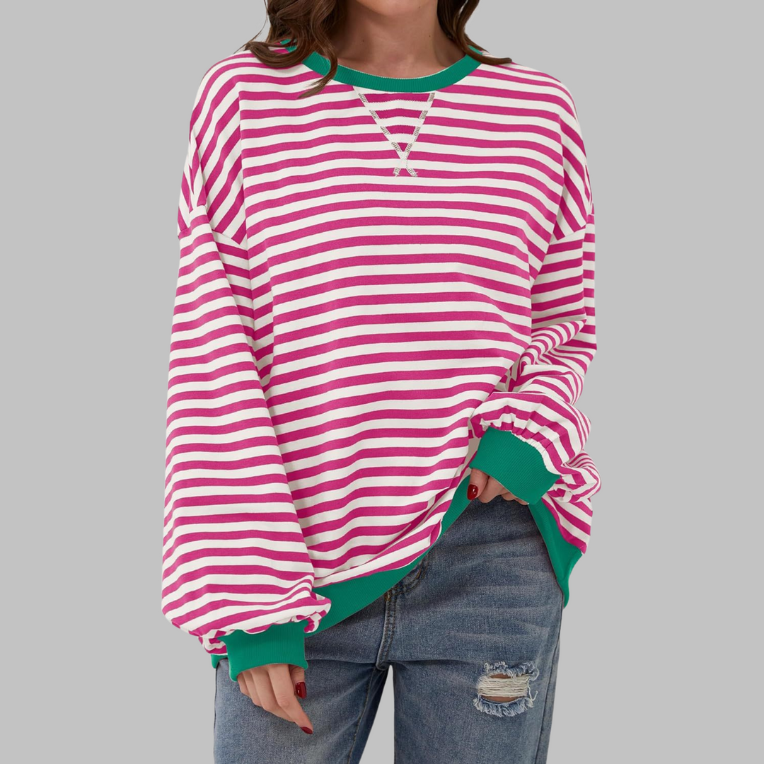 Women's striped crew neck sweatshirt with long sleeves and ribbed trims