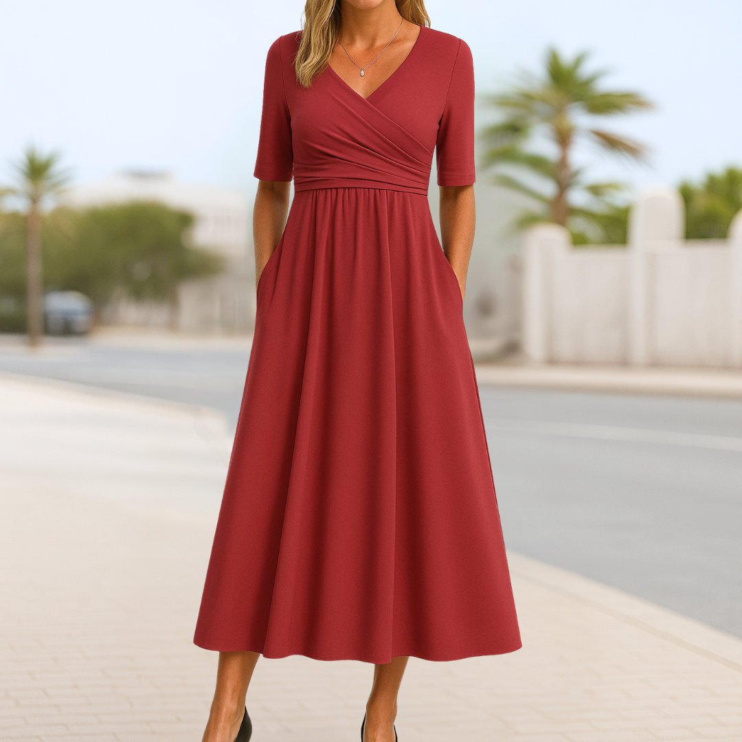 Evening Dress for Women | Midi Red V-Neck