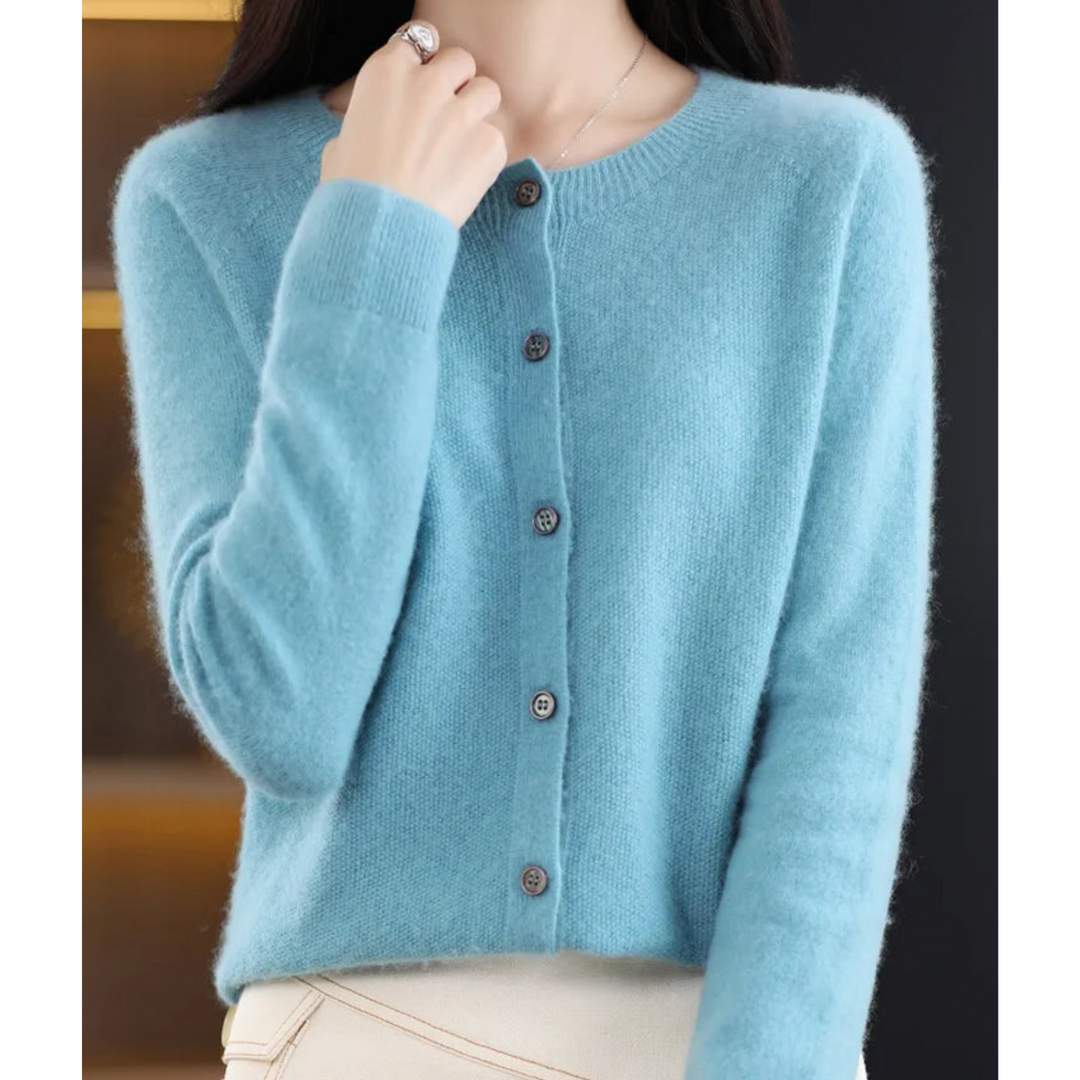 Women's plain crew neck button front cardigan with long sleeves