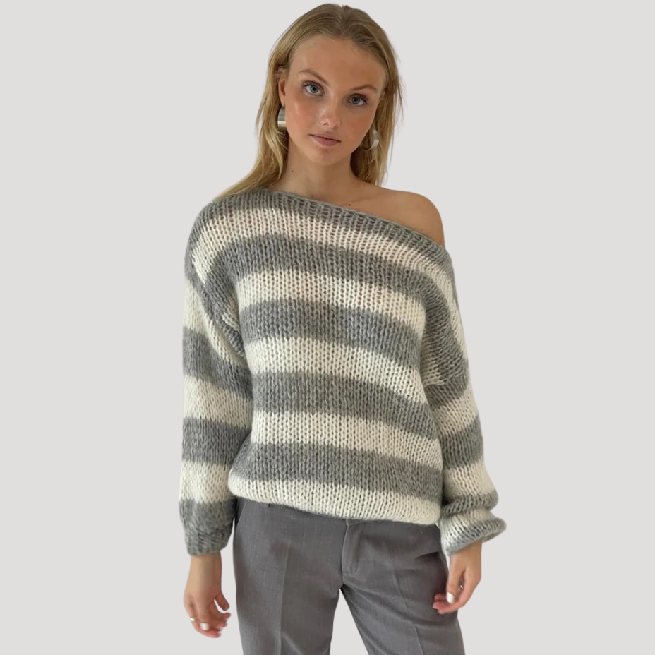Women's striped off-shoulder knit sweater with long sleeves