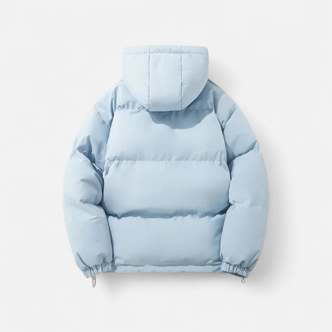 Unisex hooded quilted puffer jacket with long sleeves and zip front