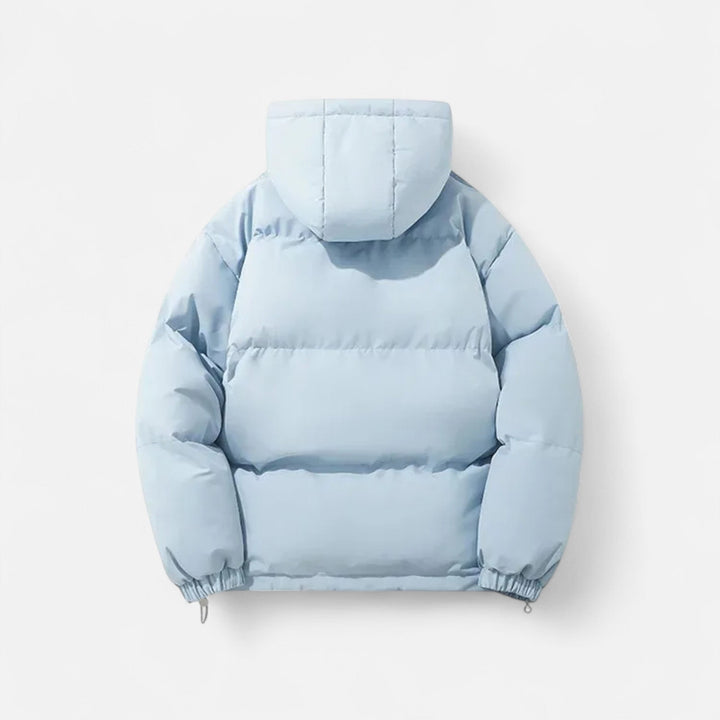 Unisex hooded quilted puffer jacket with long sleeves and zip front