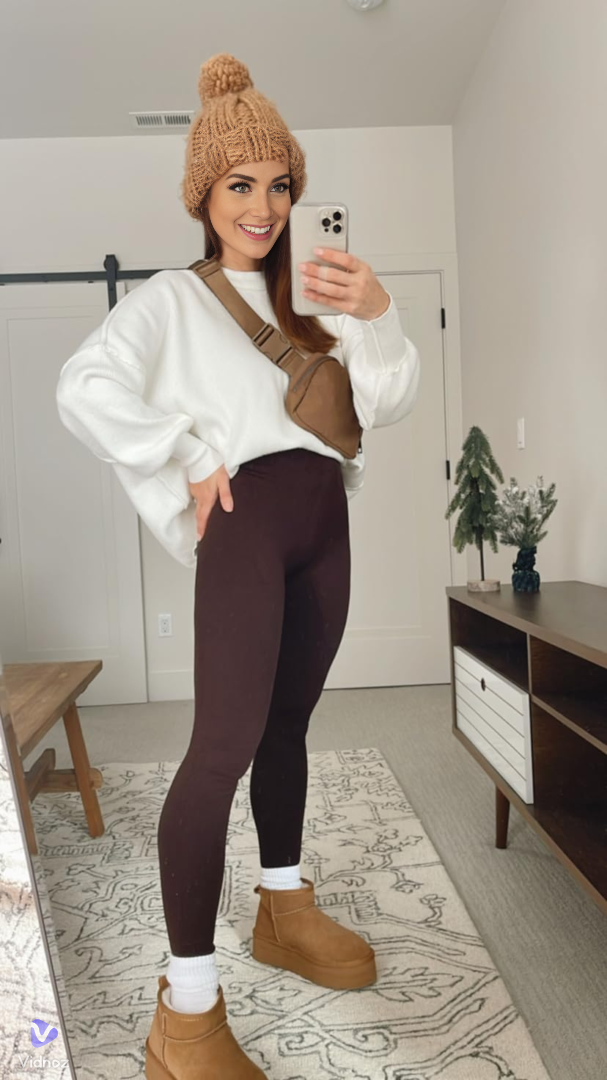 Women's high-rise fleece-lined leggings shown with plush lining and ankle-length legs