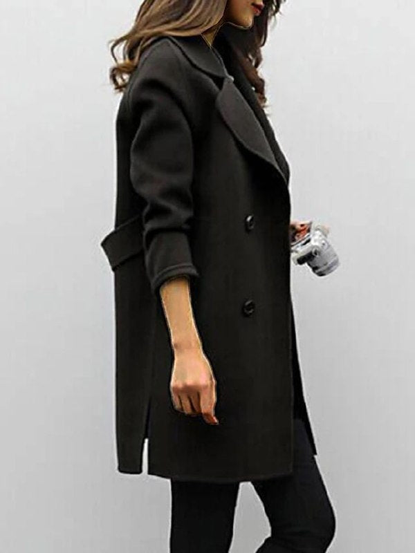 Women's long button front coat with wide lapels and long sleeves
