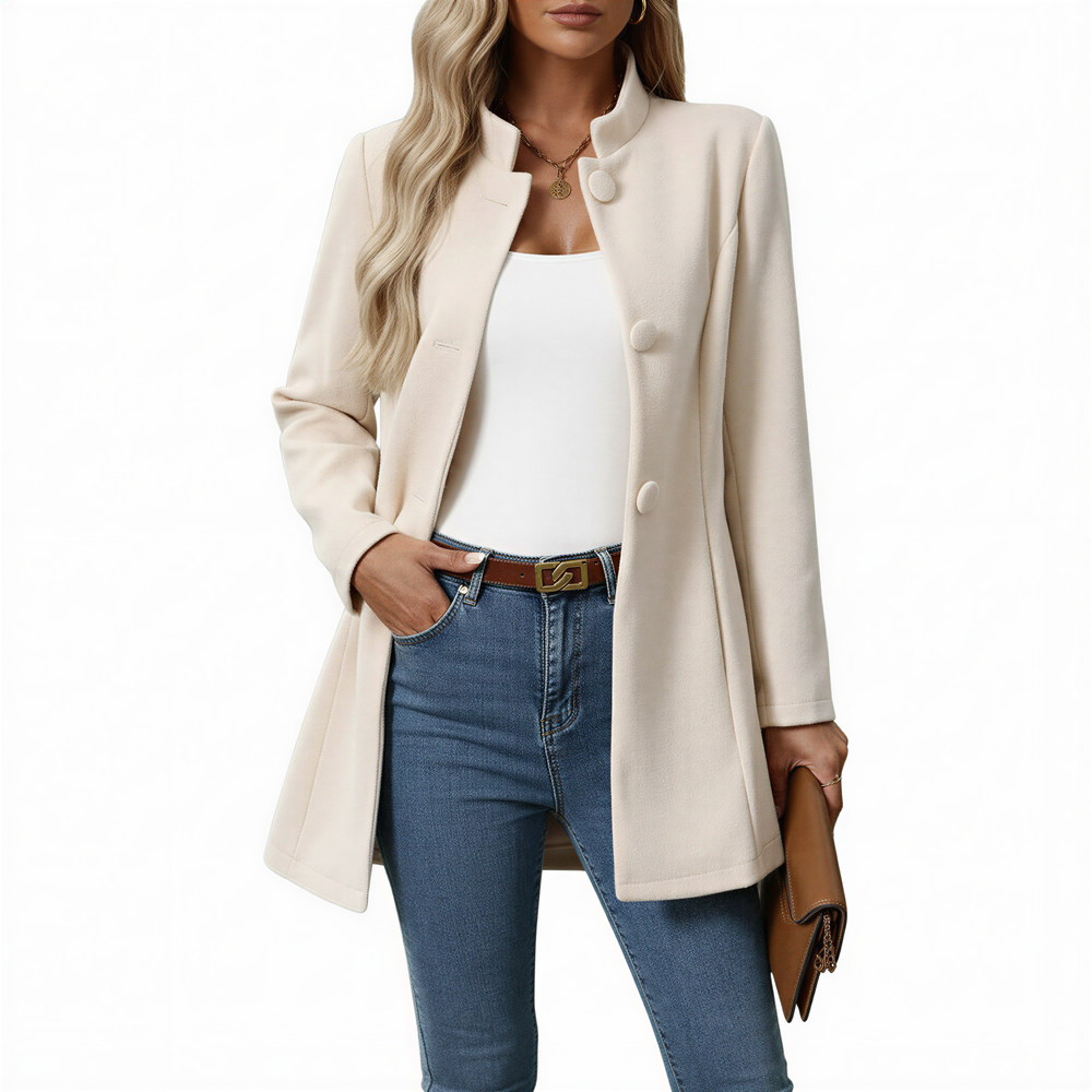 Women's A-line button-down coat with stand collar and long sleeves