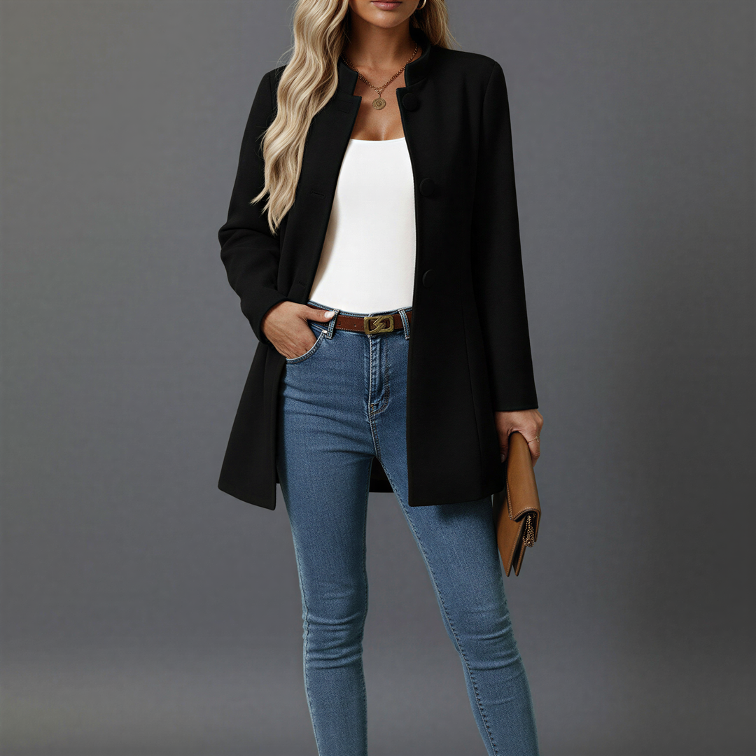 Women's A-line button-down coat with stand collar and long sleeves