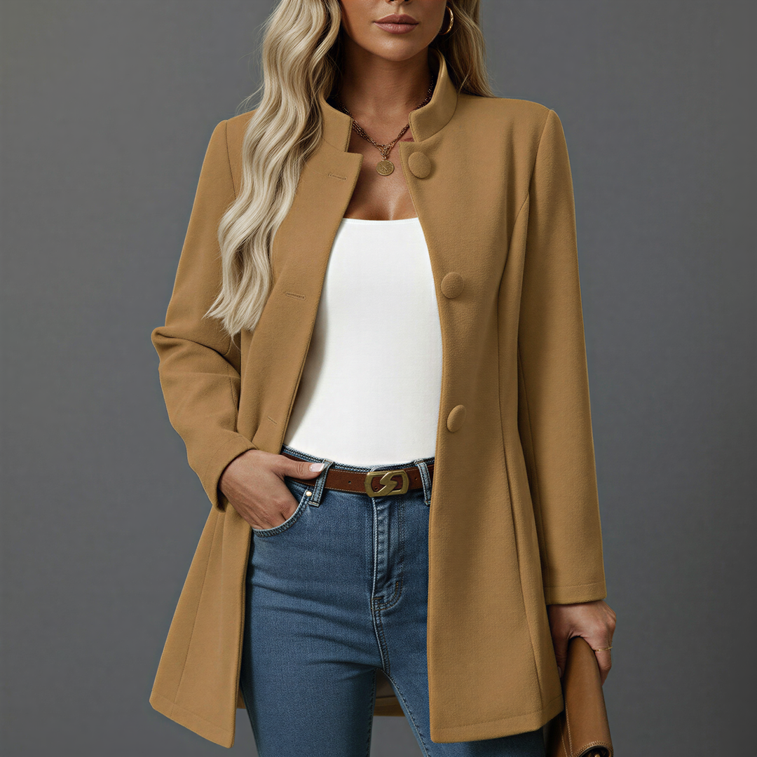 Women's A-line button-down coat with stand collar and long sleeves