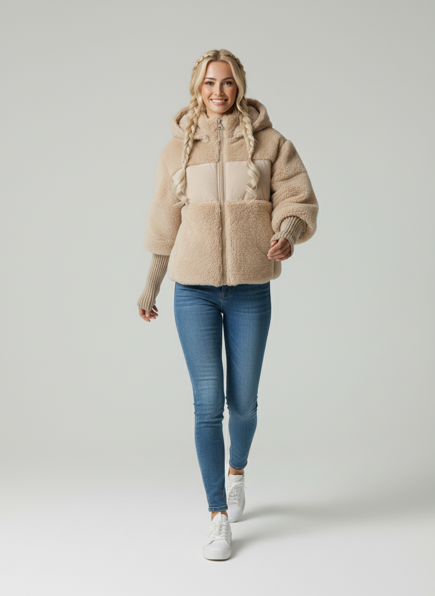 Women's hooded quilted puffer jacket with faux fur trim and ribbed cuffs