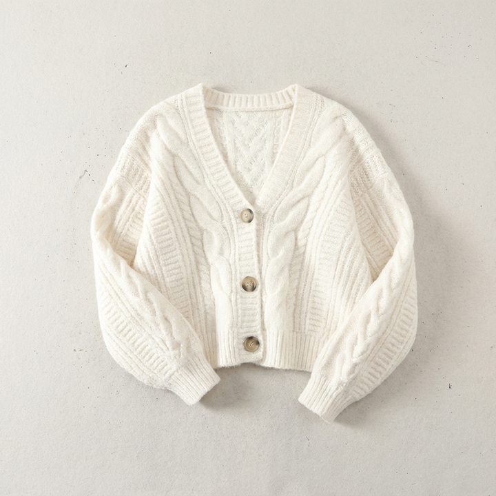 Women's cropped cable knit cardigan with V-neck and button front