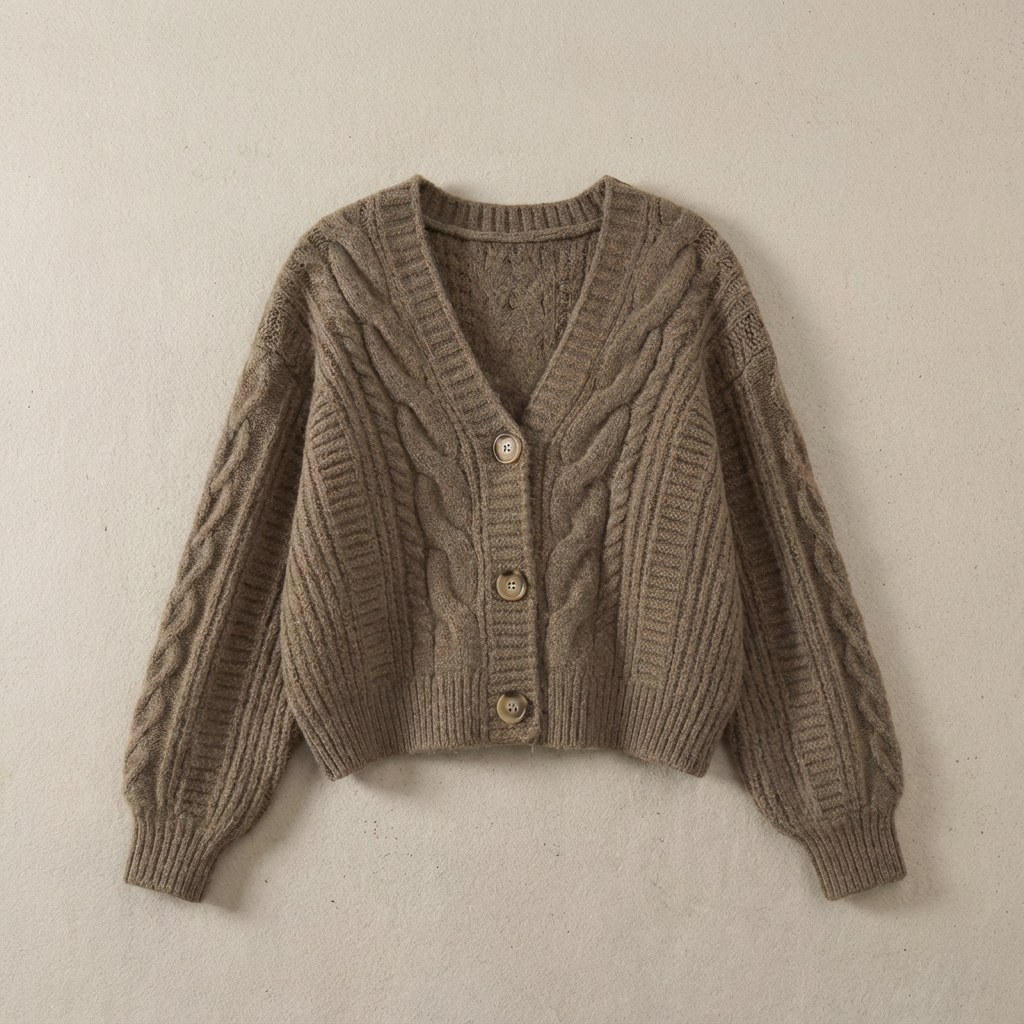 Women's cropped cable knit cardigan with V-neck and button front