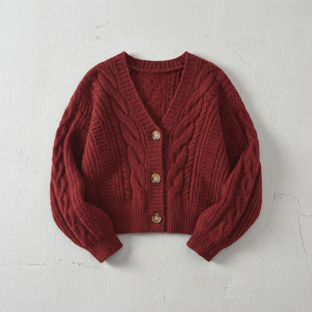 Women's cropped cable knit cardigan with V-neck and button front