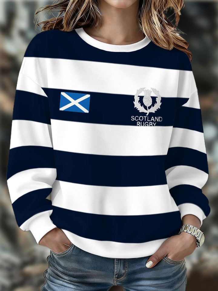 Women's navy and white striped Scotland Rugby sweatshirt with crew neck and long sleeves