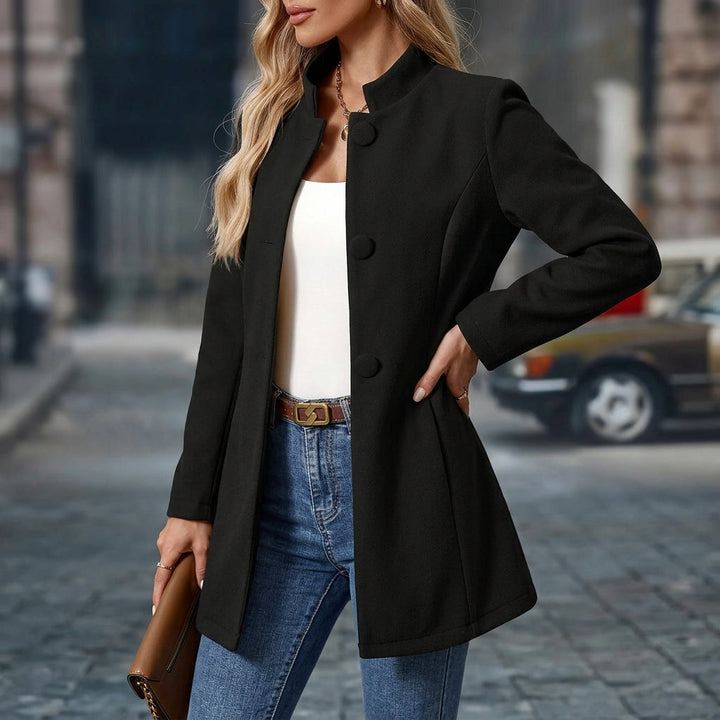 Women's long structured blazer with mandarin collar and button front