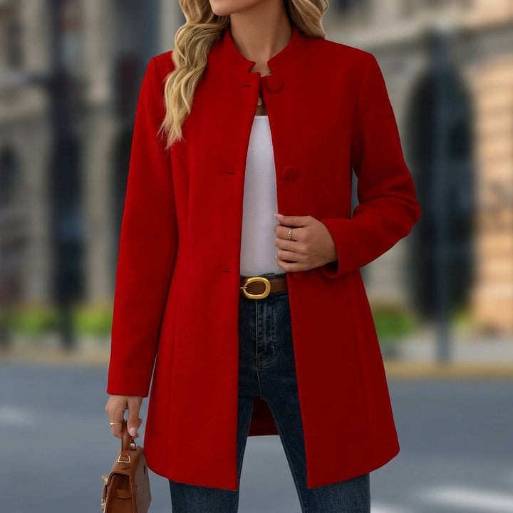 Women's long structured blazer with mandarin collar and button front