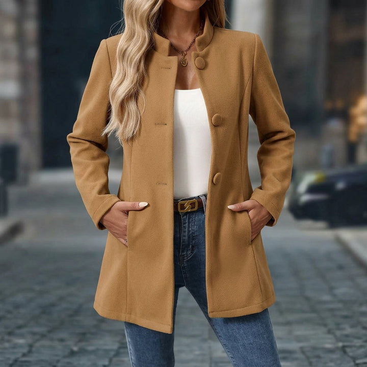 Women's long structured blazer with mandarin collar and button front