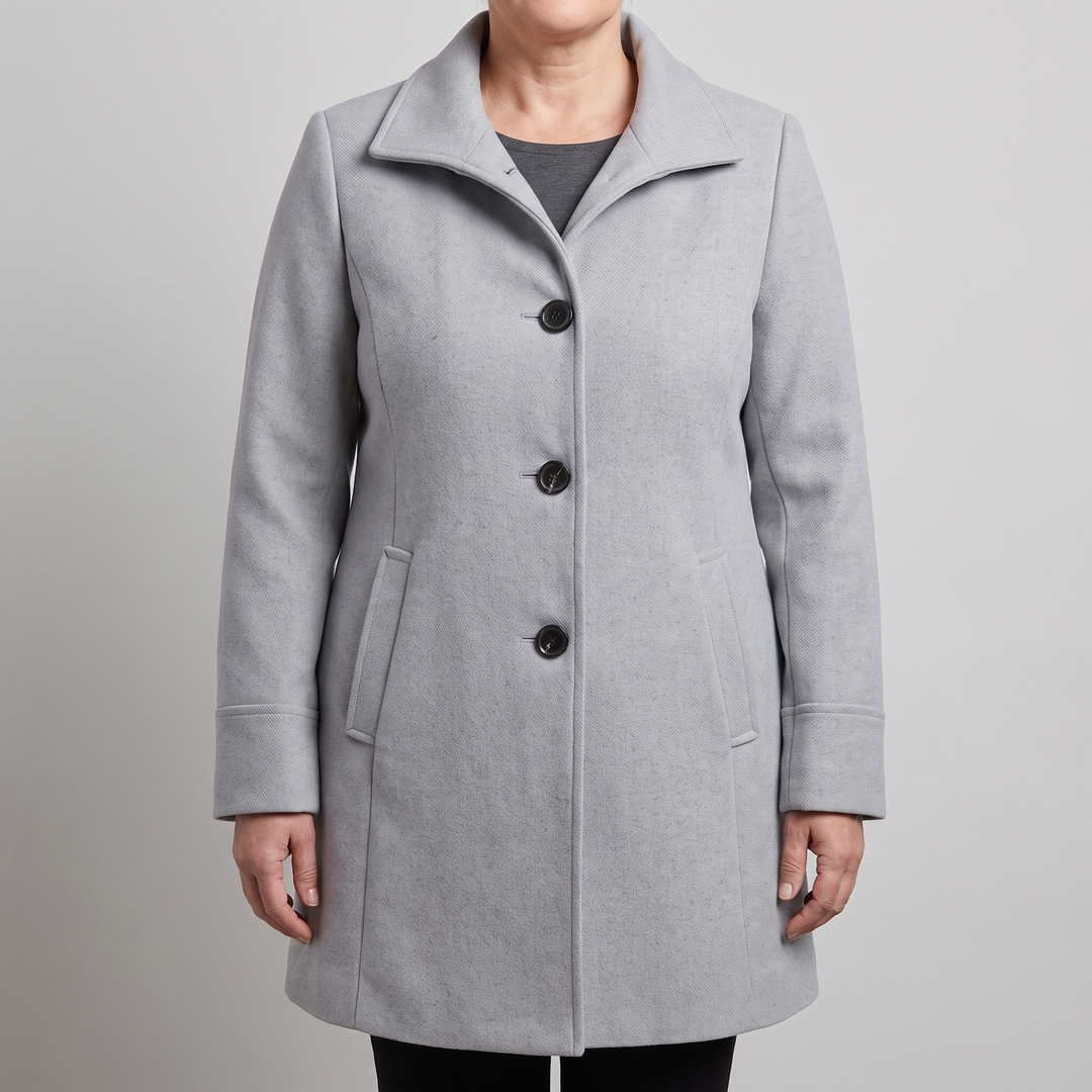 Women's solid knee-length button front coat with long sleeves and slanted pockets